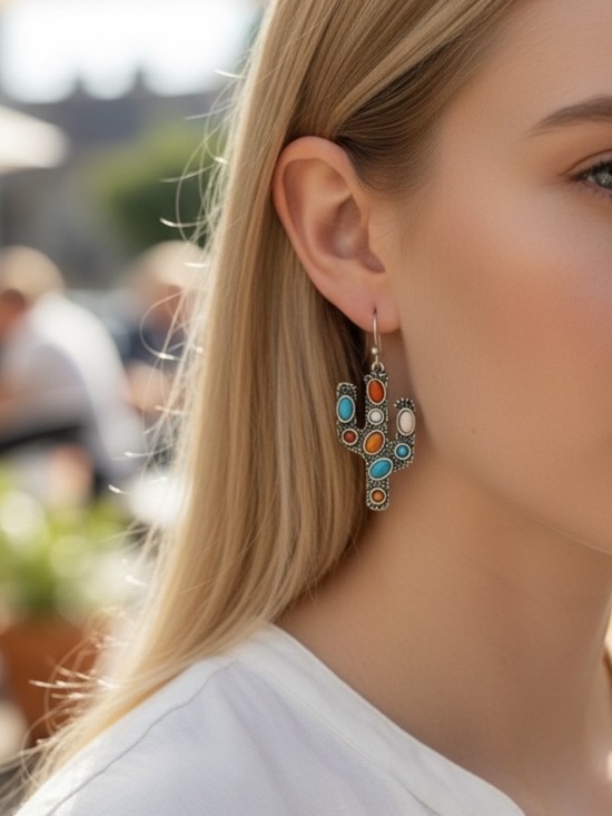 Jewelry - Turquoise & Coral Cactus Fashion Drop Earrings